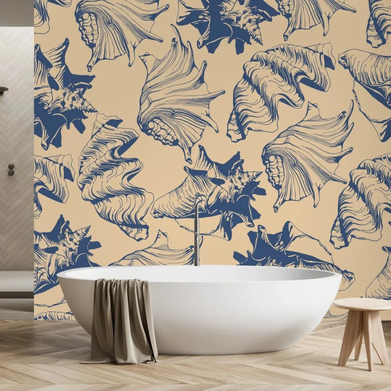 Wall mural nautical seashell pattern in blue and beige