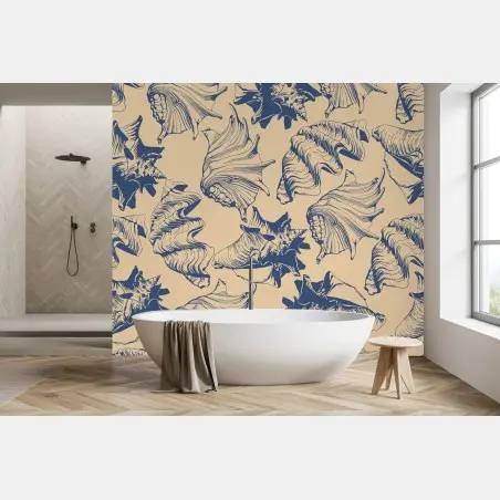 Wall mural nautical seashell pattern in blue and beige • Wallissimo®