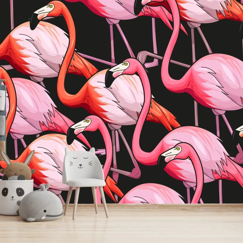 Wall mural pink flamingo pattern on black background