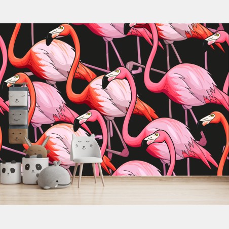 Wall mural pink flamingo pattern on black background • Wallissimo®