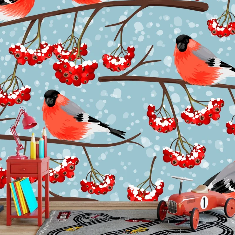 Wall mural winter bullfinches and rowan berries pattern