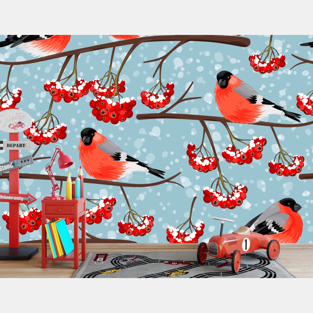 Wall mural winter bullfinches and rowan berries pattern • Wallissimo®