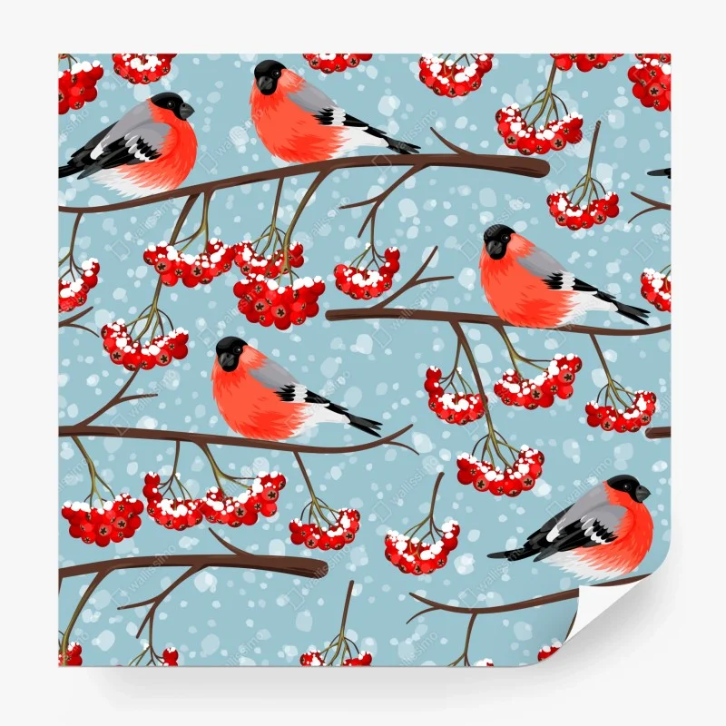 Wall mural winter bullfinches and rowan berries pattern