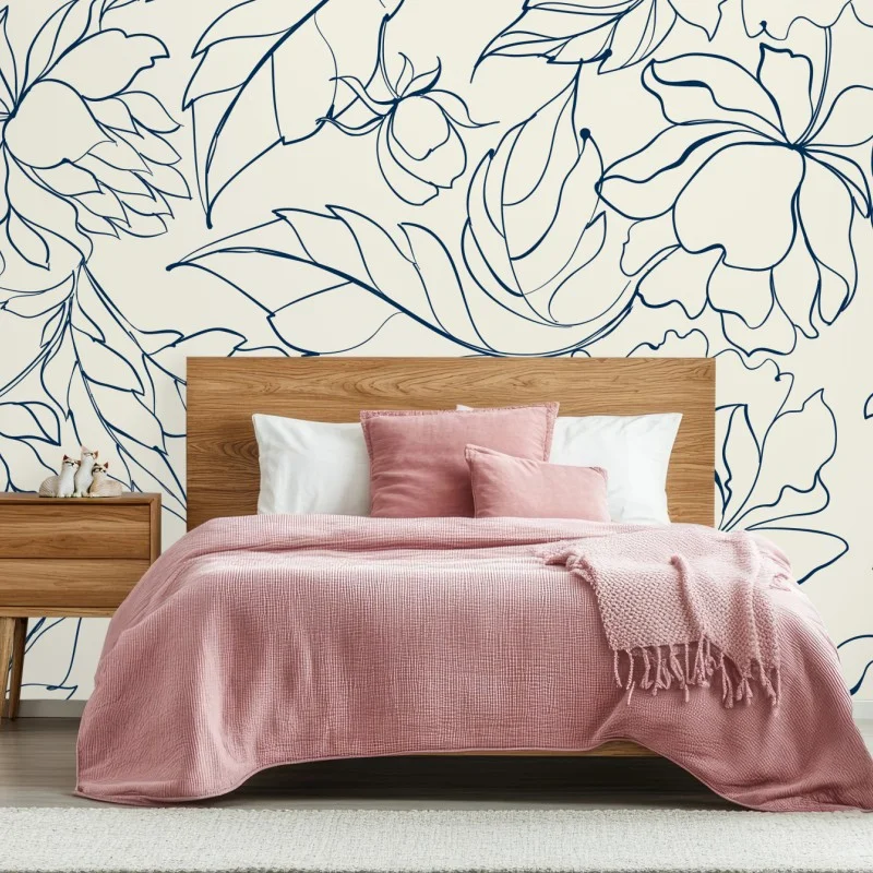 Wall mural hand-drawn navy floral pattern on cream