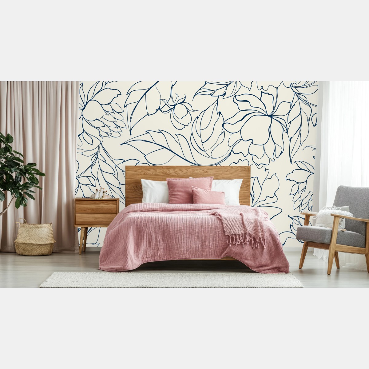 Wall mural hand-drawn navy floral pattern on cream • Wallissimo®