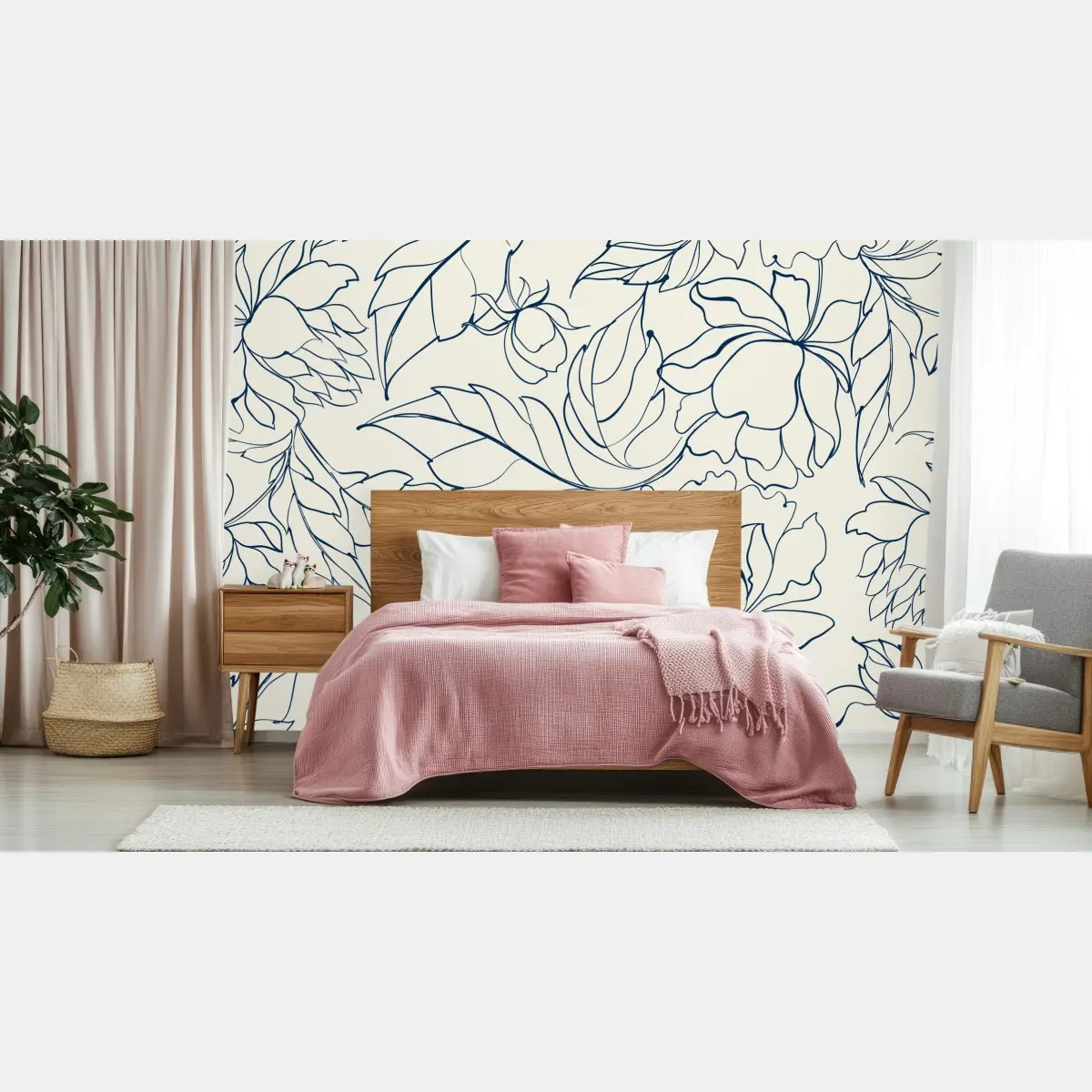 Wall mural hand-drawn navy floral pattern on cream • Wallissimo®