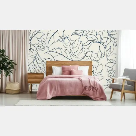 Wall mural hand-drawn navy floral pattern on cream • Wallissimo®