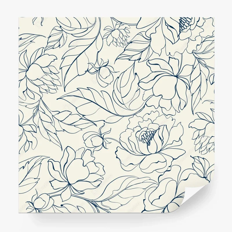 Wall mural hand-drawn navy floral pattern on cream