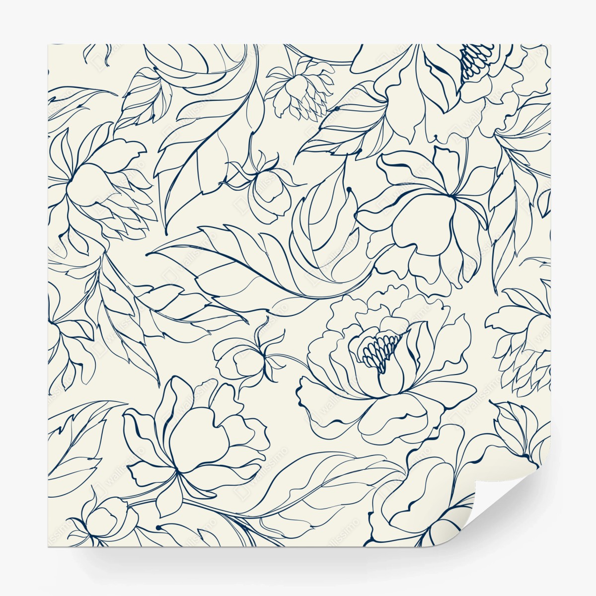 Wall mural hand-drawn navy floral pattern on cream • Wallissimo®