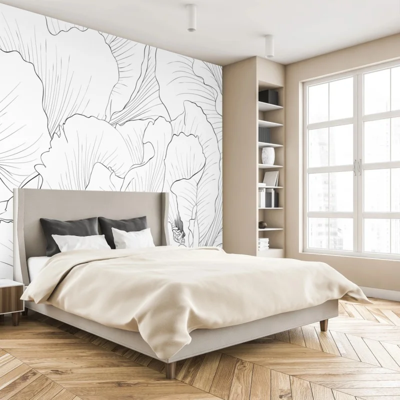 Wall mural delicate botanical line art floral pattern
