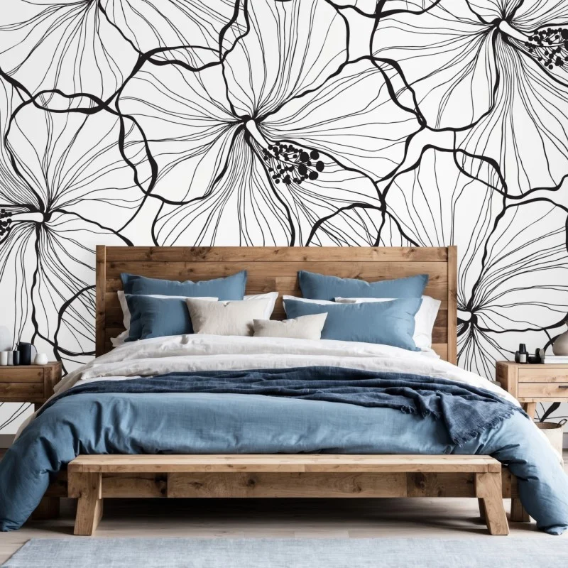 Wall mural black and white hibiscus line art pattern