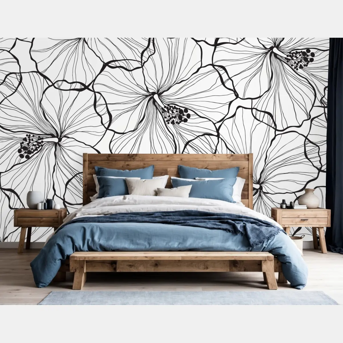 Wall mural black and white hibiscus line art pattern • Wallissimo®