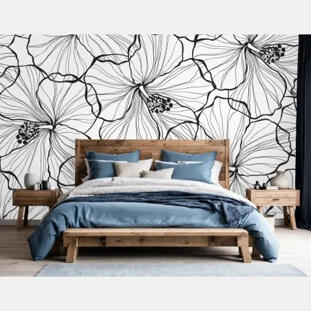 Wall mural black and white hibiscus line art pattern • Wallissimo®