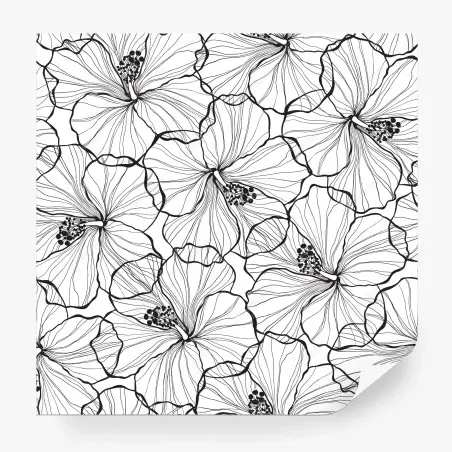 Wall mural black and white hibiscus line art pattern • Wallissimo®