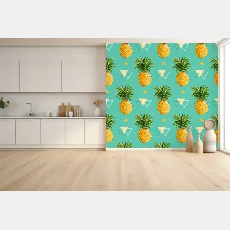 Wall mural tropical pineapple pattern on turquoise background • Wallissimo®