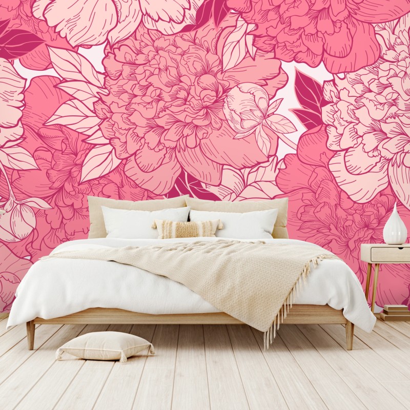 Wall mural pink peony floral pattern