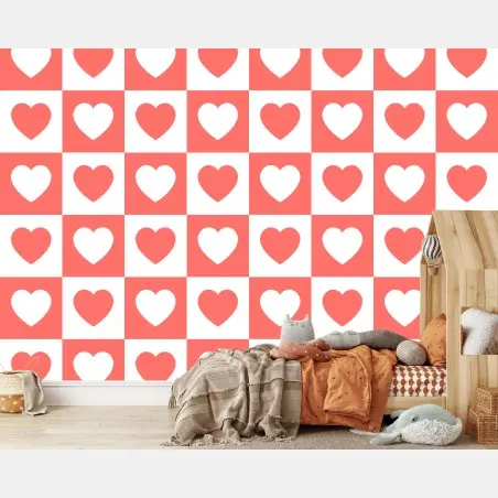 Wall mural pink heart checkerboard pattern • Wallissimo®