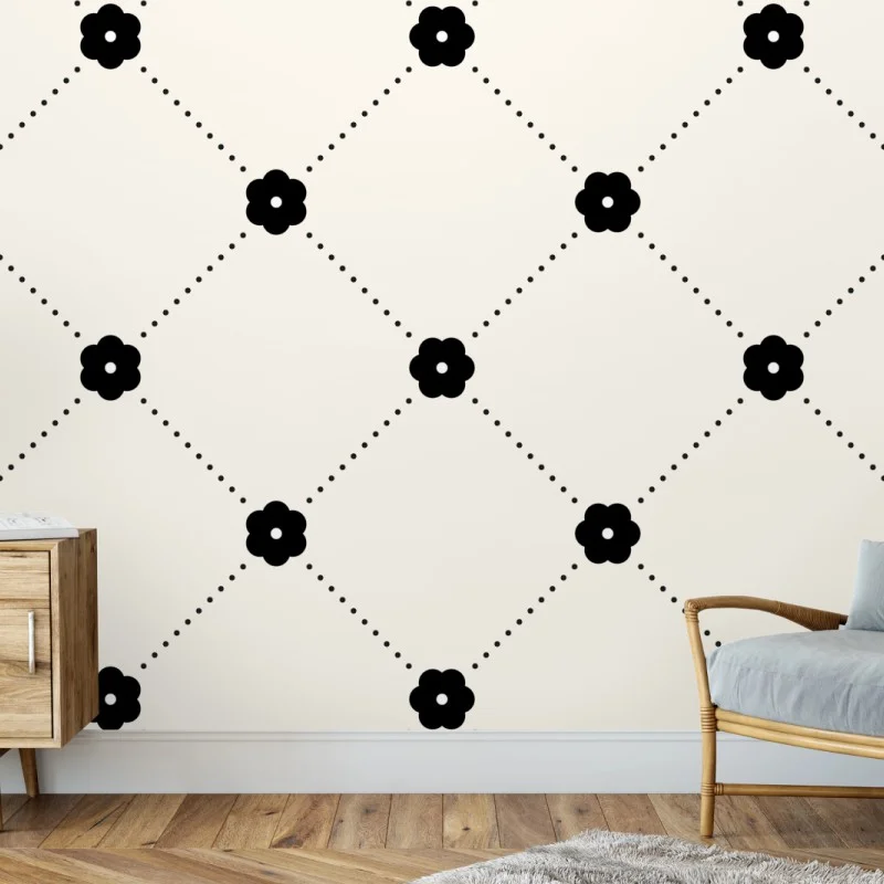 Wall mural minimal black floral lattice pattern