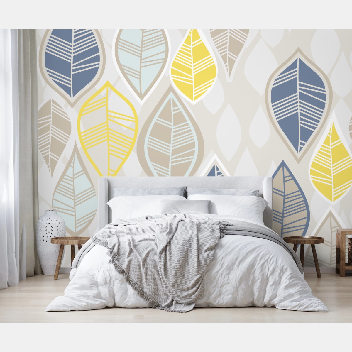 Wall mural scandinavian leaf pattern in soft neutrals • Wallissimo®
