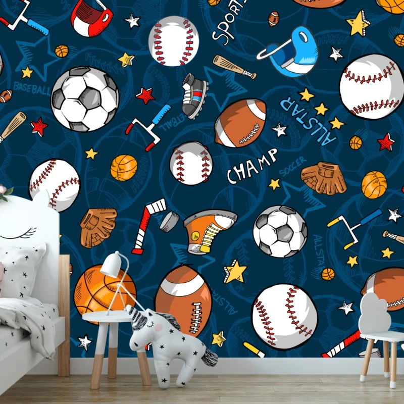 Wall mural playful sports pattern on navy background