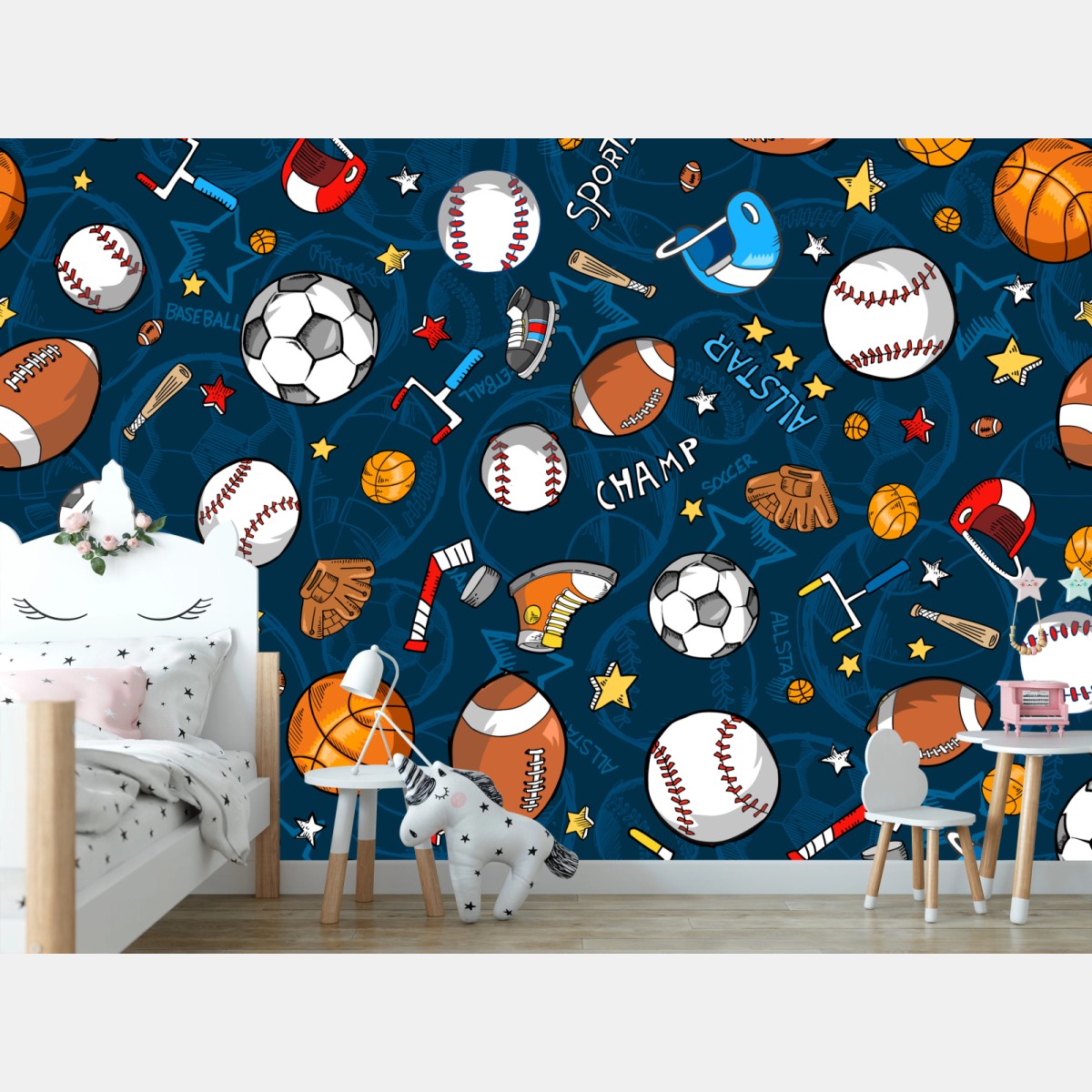 Wall mural playful sports pattern on navy background • Wallissimo®