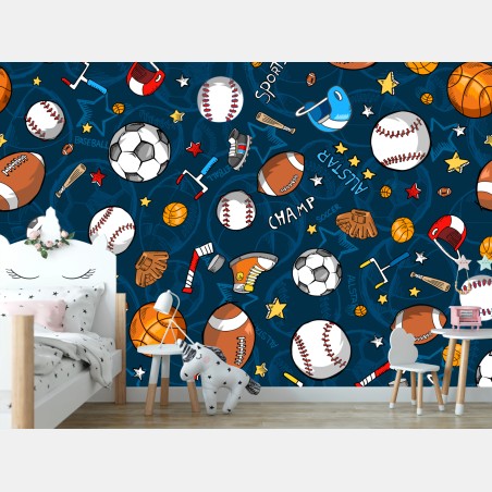 Wall mural playful sports pattern on navy background • Wallissimo®