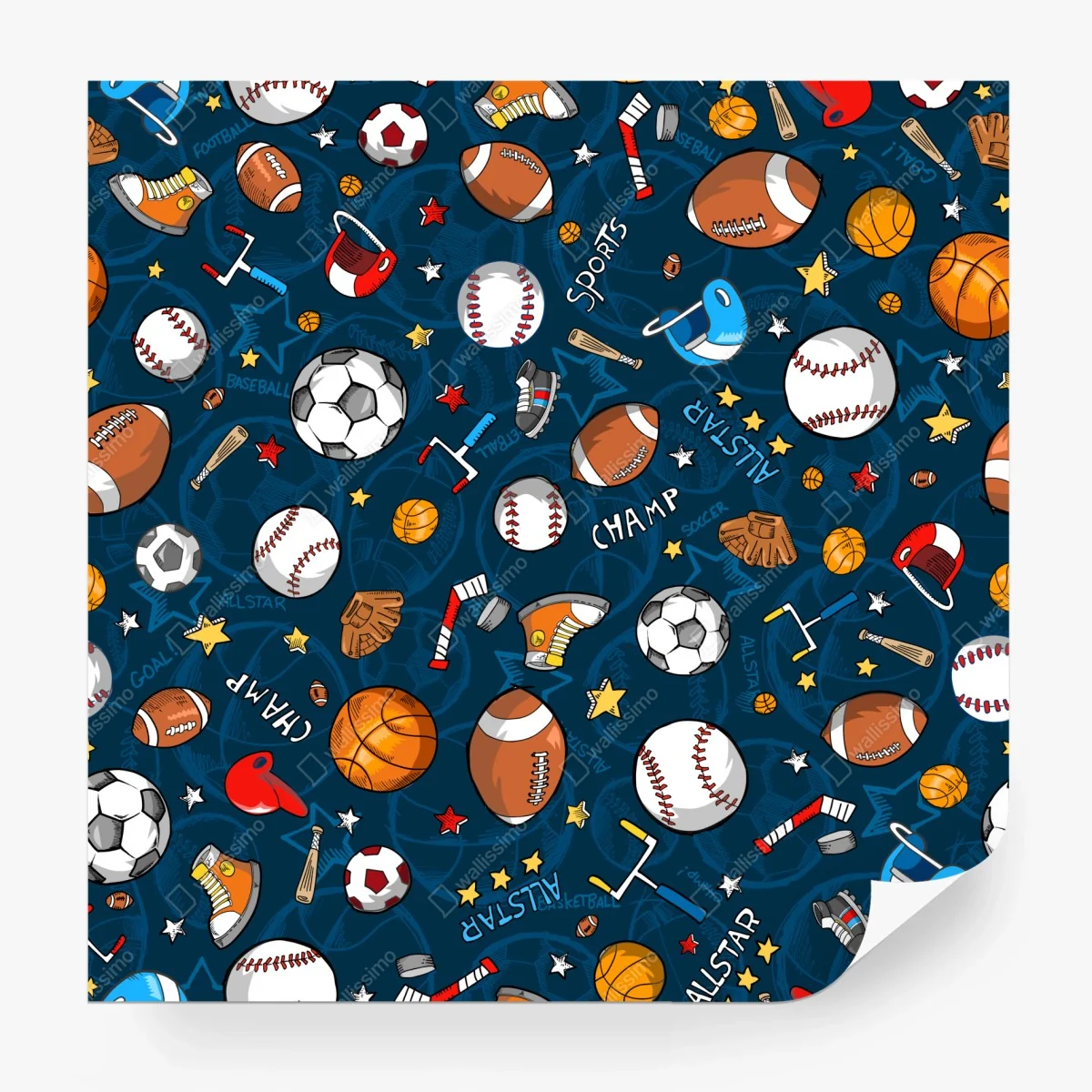 Wall mural playful sports pattern on navy background ⁕ Wallissimo®