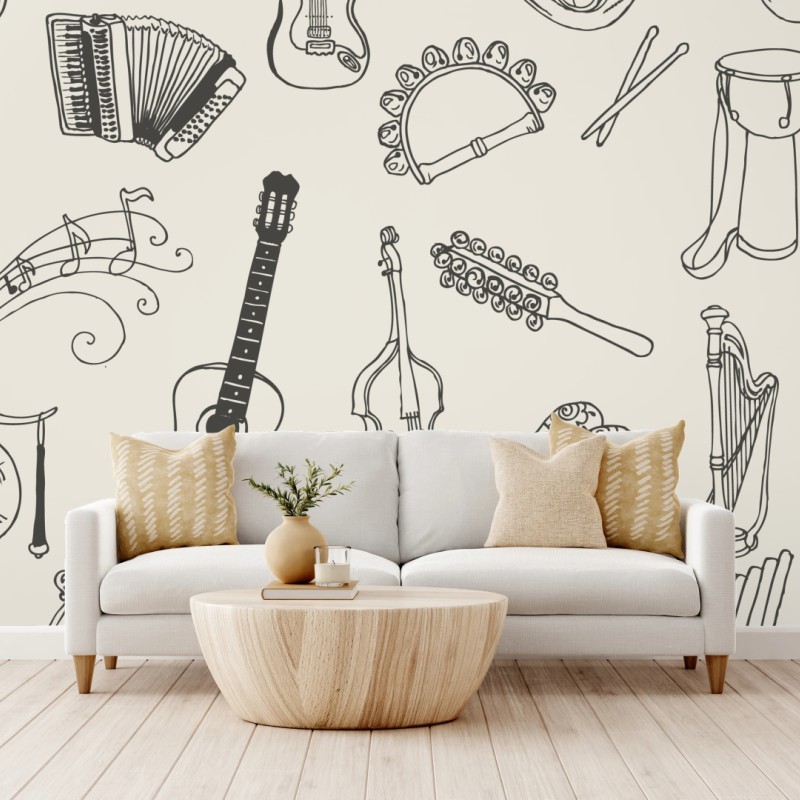 Wall mural hand-drawn musical instruments collage