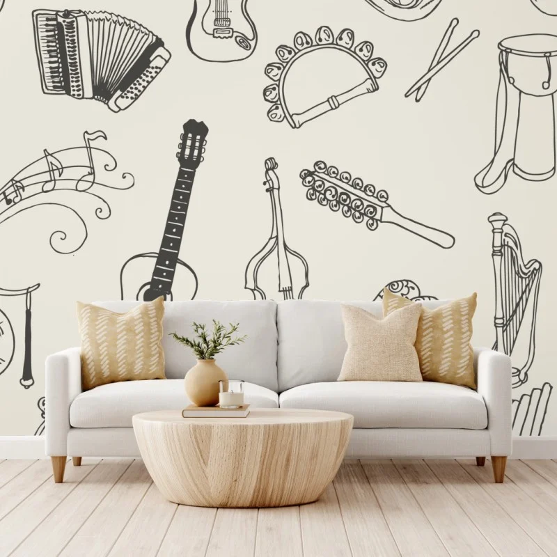 Wall mural hand-drawn musical instruments collage