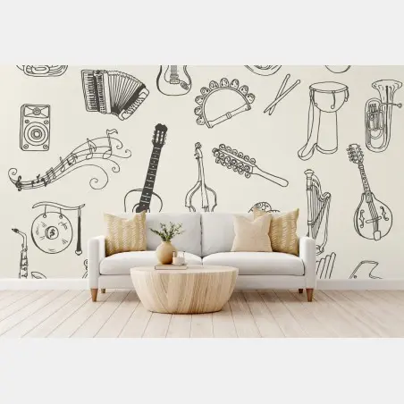 Wall mural hand-drawn musical instruments collage • Wallissimo®