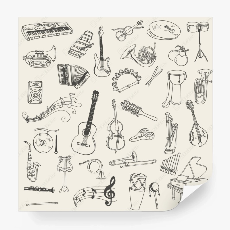 Wall mural hand-drawn musical instruments collage