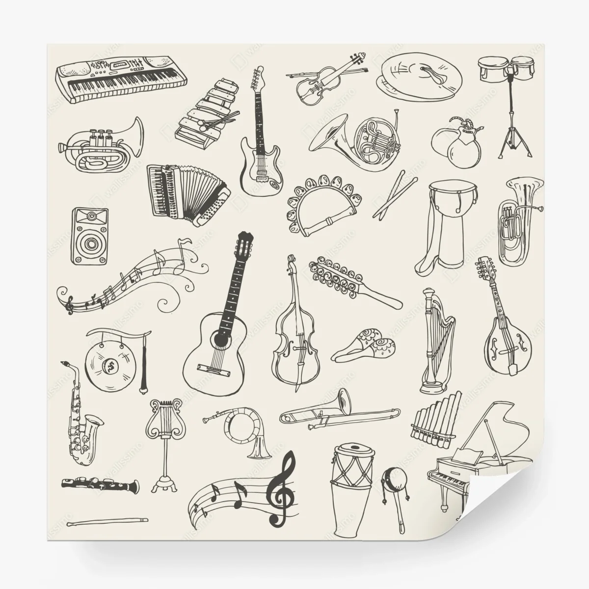 Wall mural hand-drawn musical instruments collage ⁕ Wallissimo®