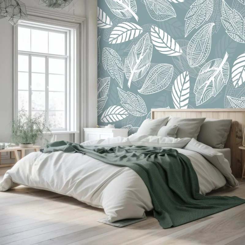 Wall mural hand-drawn leaf pattern on teal background