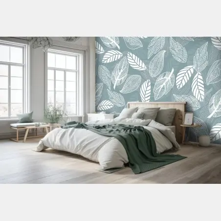 Wall mural hand-drawn leaf pattern on teal background • Wallissimo®