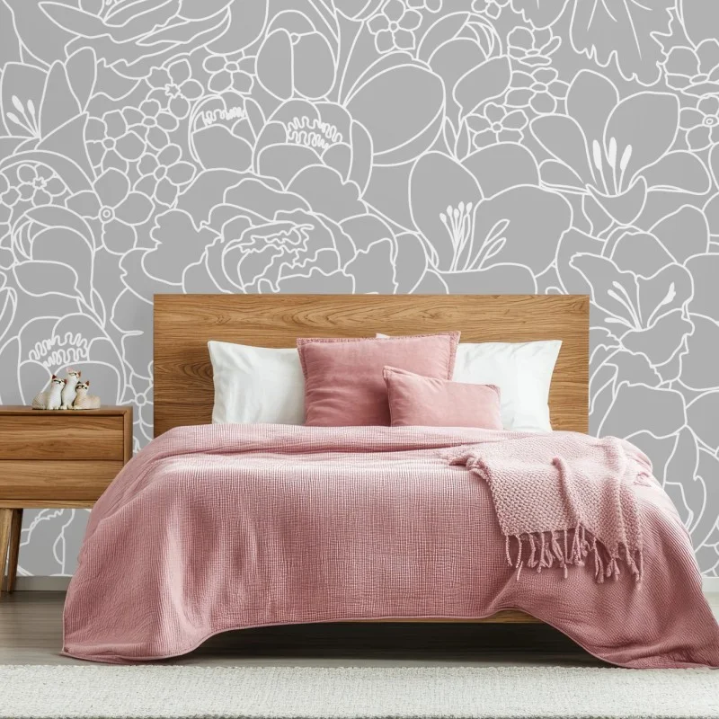 Wall mural subtle gray floral line art