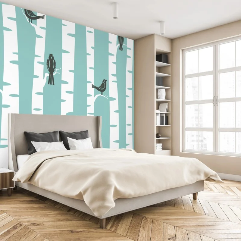 Wall mural turquoise birch forest with birds