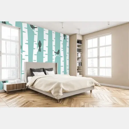 Wall mural turquoise birch forest with birds • Wallissimo®