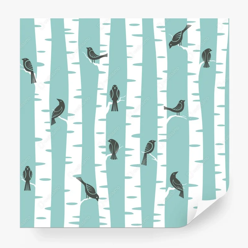 Wall mural turquoise birch forest with birds