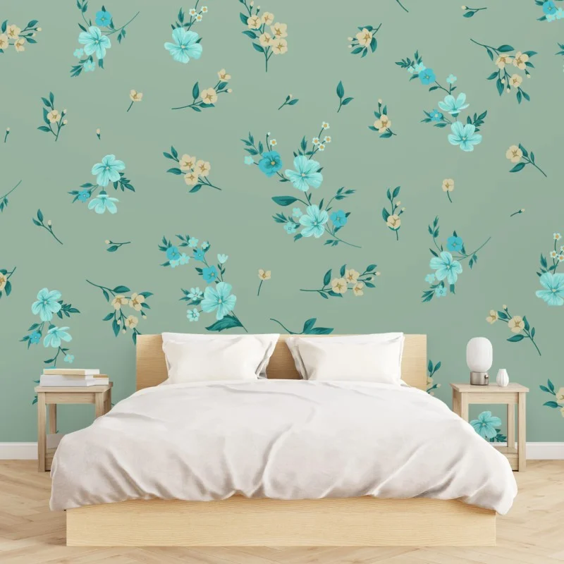 Wall mural turquoise floral pattern on sage background