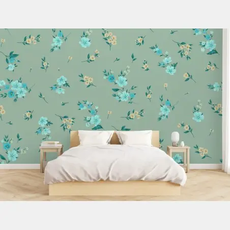 Wall mural turquoise floral pattern on sage background • Wallissimo®