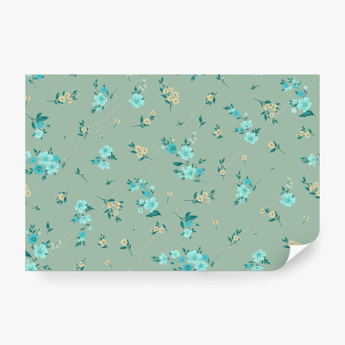 Wall mural turquoise floral pattern on sage background • Wallissimo® Wall mural turquoise floral pattern on sage background • Wallissimo®