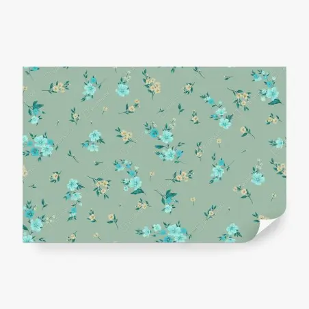 Wall mural turquoise floral pattern on sage background • Wallissimo®