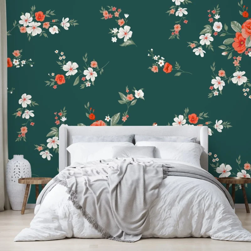 Wall mural vintage coral floral pattern on deep green background