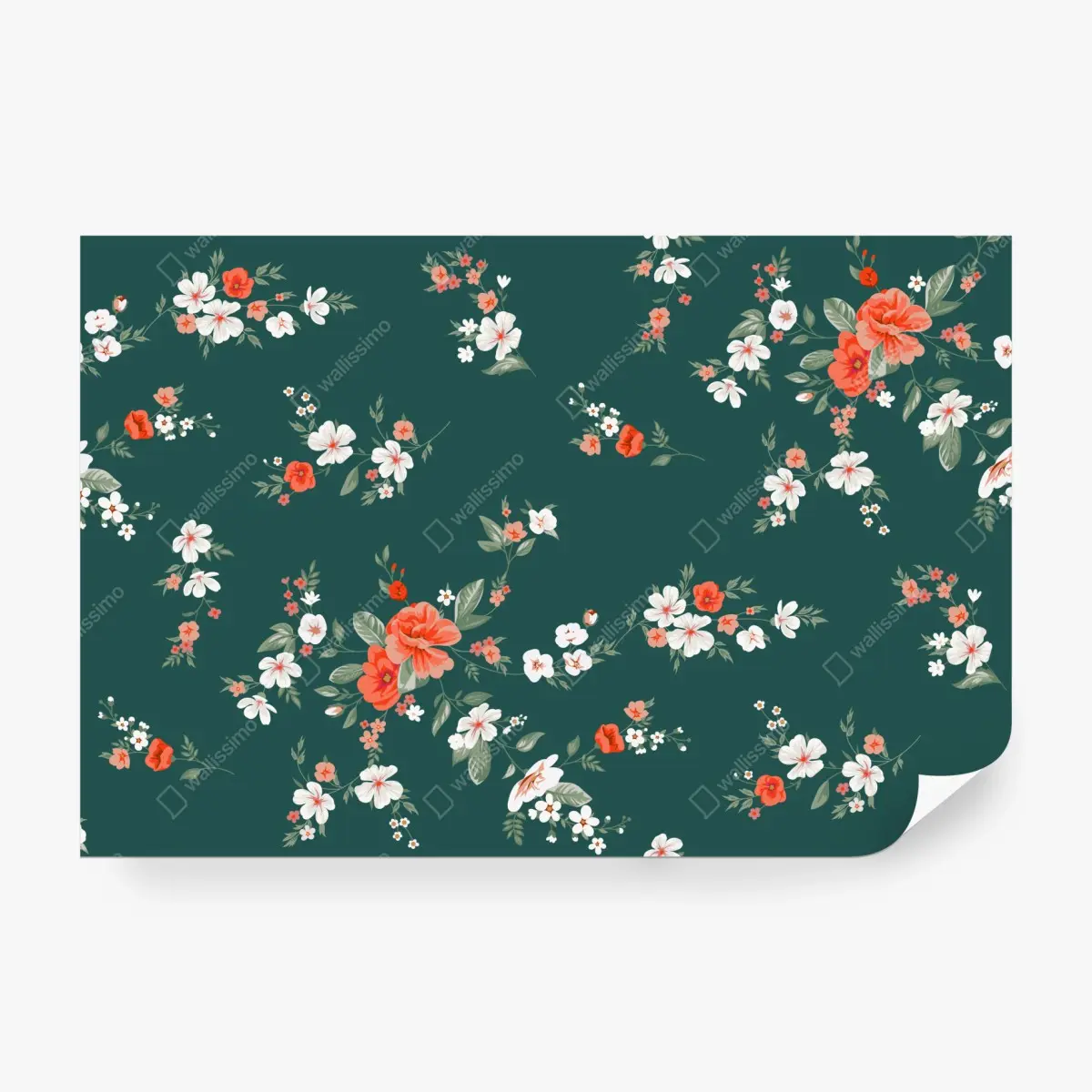 Wall mural vintage coral floral pattern on deep green background ⁕ Wallissimo®