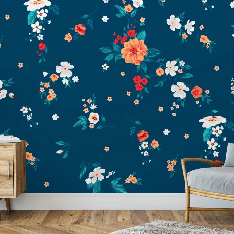 Wall mural delicate scattered floral pattern on deep teal