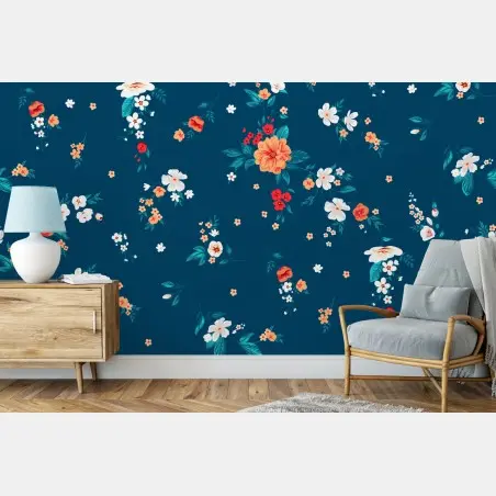 Wall mural delicate scattered floral pattern on deep teal • Wallissimo®