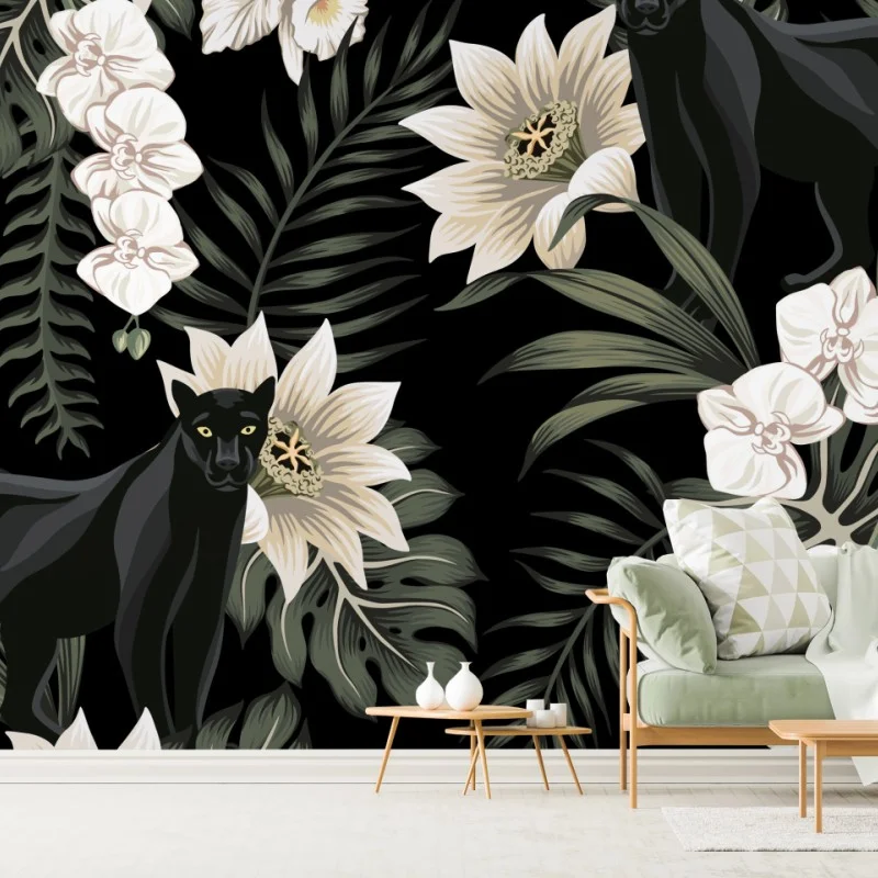 Wall mural nocturnal panther botanical print