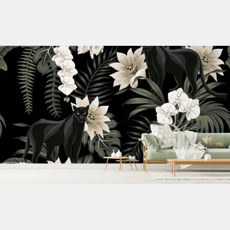 Wall mural nocturnal panther botanical print • Wallissimo®