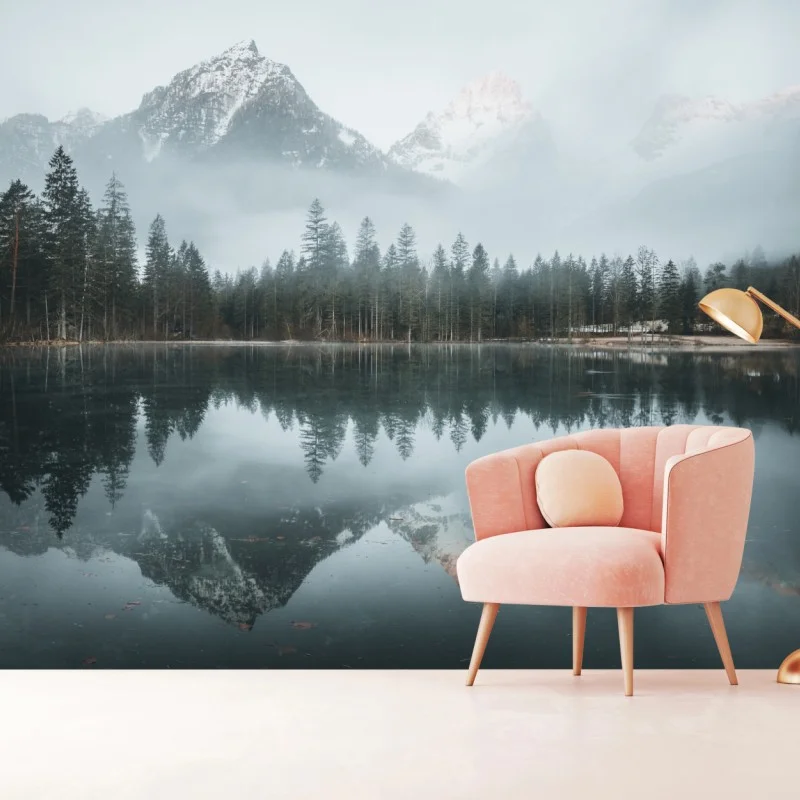 Wall mural misty alpine reflection over tranquil lake