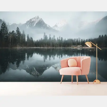 Wall mural misty alpine reflection over tranquil lake • Wallissimo®